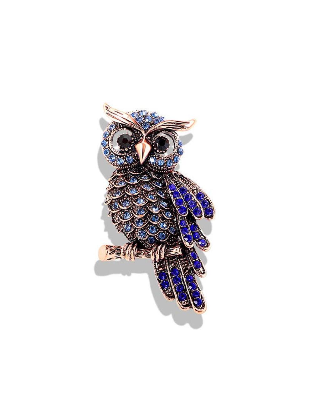 Rhinestone Studded Blue Owl Brooch and Rose Gold Tone